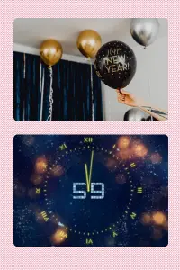 Two photos: Several gold and black balloons that say "Happy New Year" float near the ceiling; a countdown clock with 59 seconds and balloons