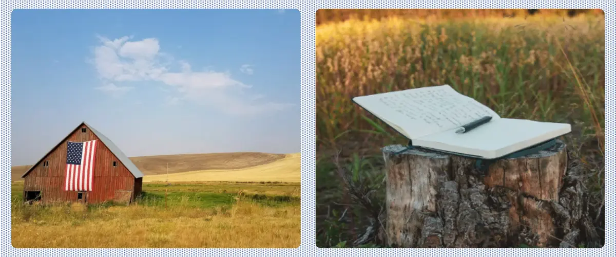 Two photos: A barn in a grassy field with a large American flag hanging on it. An open notebook on a stump with a pen on it.