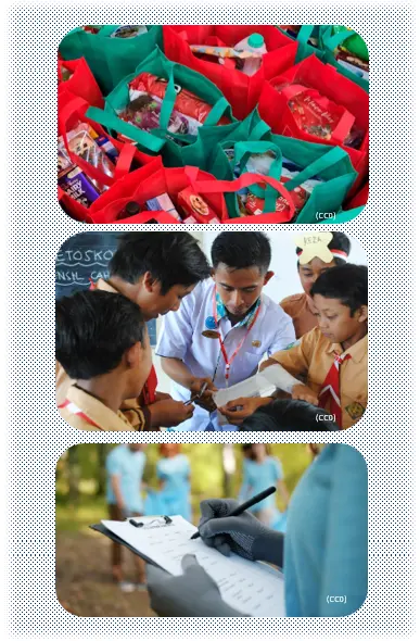 Three photos: bags of food packed to distribute; a group of students working together; a person writing on a clipboard