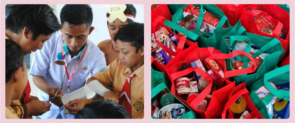 Two photos: A group of students and teacher looking at a paper; bags of groceries.