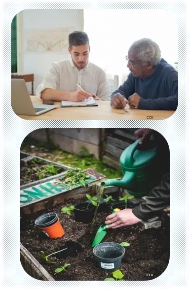 Two photos: a young man helps and older man with a form, a hand plants a seedling in a garden