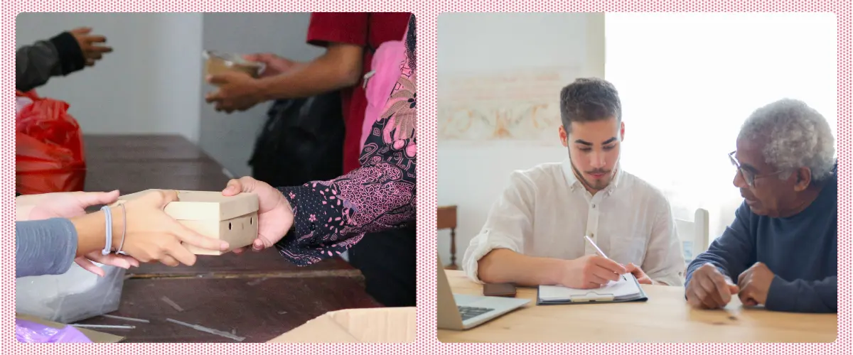 Two photos: hands passing a box across a table; two men sitting at a table with a clipboard.