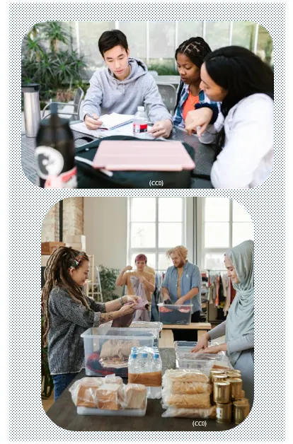 Two photos: A group of students work together on a shared paper; a group of people stand around a table and sort donated clothes