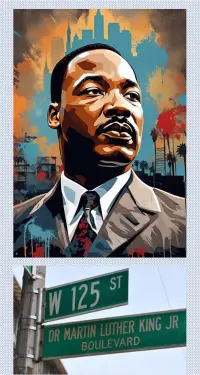 Two photos: A large colorful poster of a portrait of Dr. Martin Luther King, Jr and a photo of a street sign with the name Dr. Martin Luther King Jr Boulevard