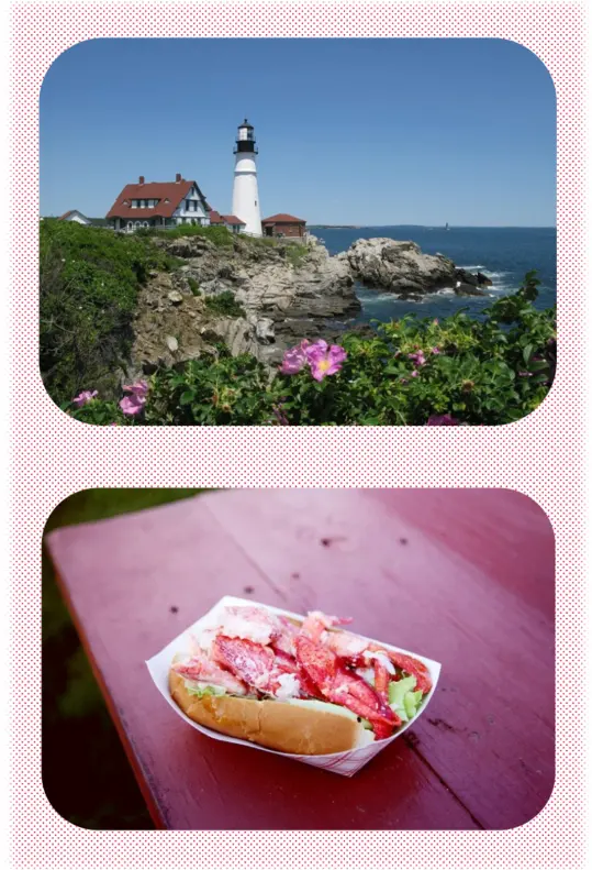 Two photos: A lighthouse on a rocky shore overlooking the ocean; a close up of a lobster meat sandwich with lettuce on an outdoor table