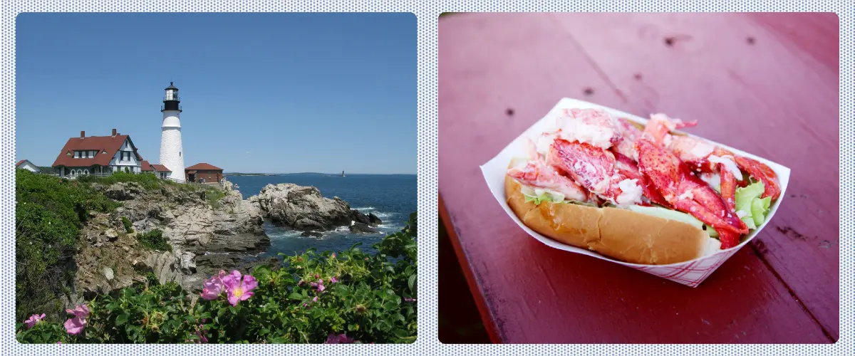 Two photos: A lighthouse on a rocky coast. A lobster roll sandwich.