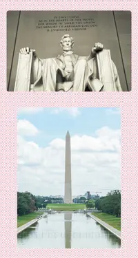 Two photos: A close up image of the Lincoln Memorial; the Washington Monument: a tall white stone obelisk