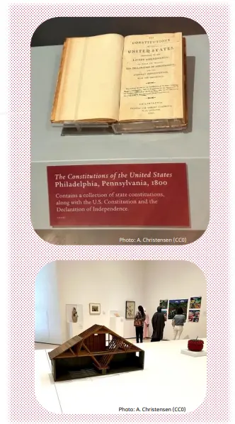 Two photos from museums: A displayed book of the U.S. Constitution; a model house in a museum space