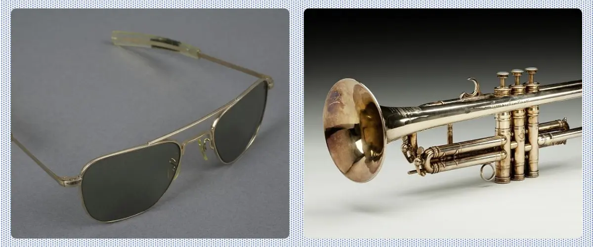 Two photos: Apollo 11 sunglasses. Louis Armstrong's trumpet.