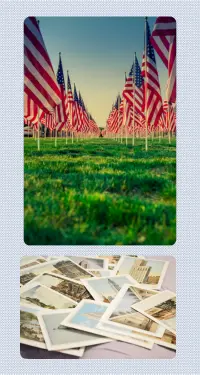 Two photos: Small American flags lined up in the grass. Assortment of postcards.
