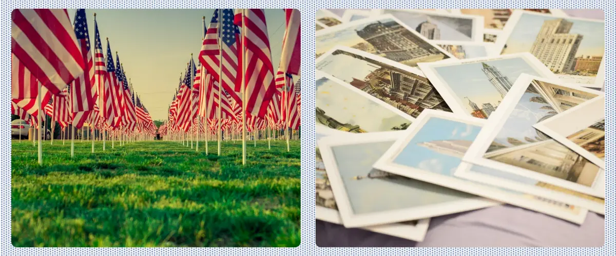 Two photos: Rows of small U.S. flags in the ground. Postcards spread out across a table.