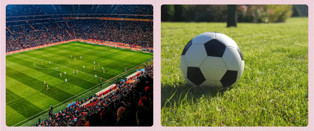 Two photos: A soccer stadium with a game in progress. A soccer ball on grass.