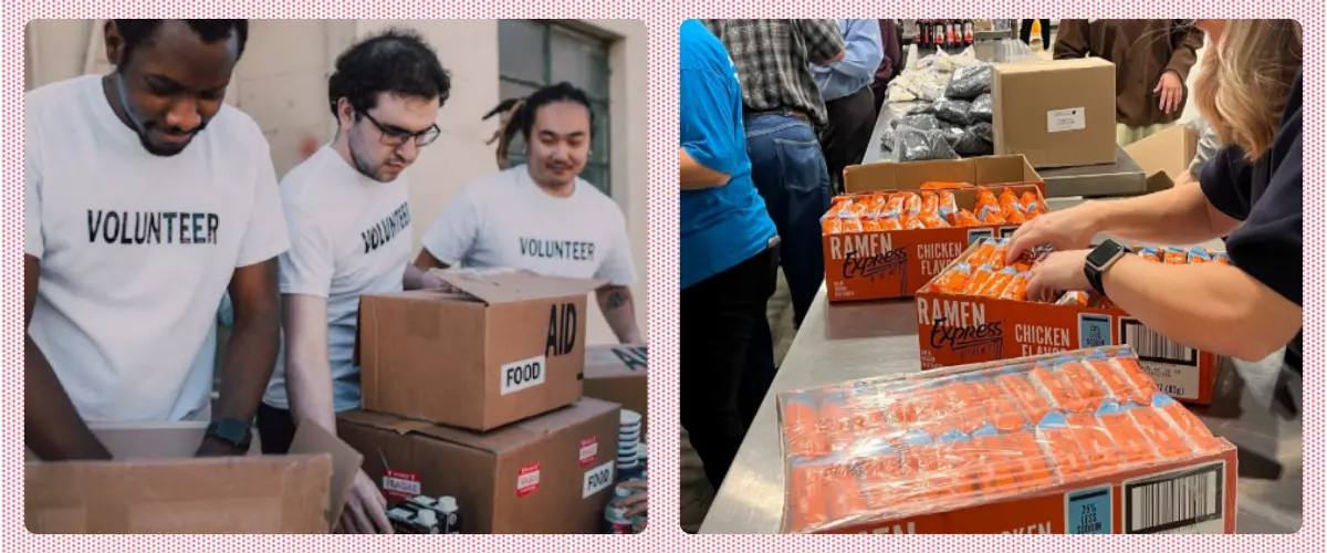 Two photos: People packing items into boxes labeled "Food Aid." A volunteer unpacking dried food items.