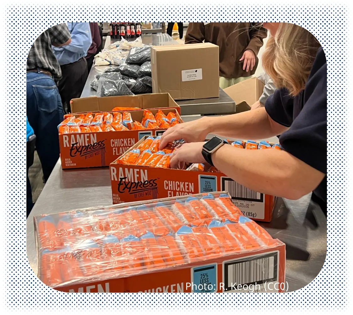 A close up photo of a person's hands packing food into a box at a volunteer event.