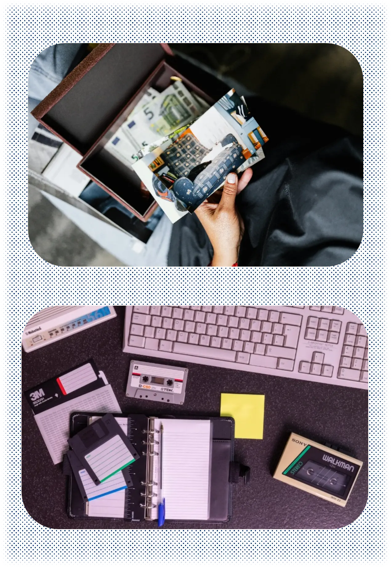 Two images. Top: Closeup photo of a person's hands looking at photos and money. Bottom: Photo of a desk top with 1990s floppy disks, computer, and notebook.