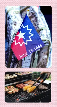 Two photos. Top: Closeup photo of small Juneteenth flag. Bottom: corn on a barbecue grill.