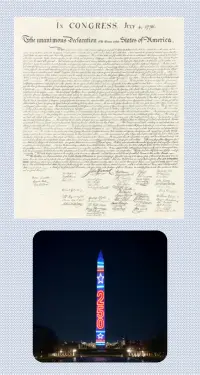Two photos. Top: Declaration of Independence written on parchement. Bottom: LIghtshow spelling 250 on the Washington Monument.