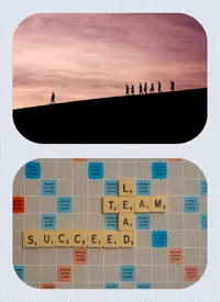Two leadership images: people walking up a hill and a word game board with team, succeed, and lead.