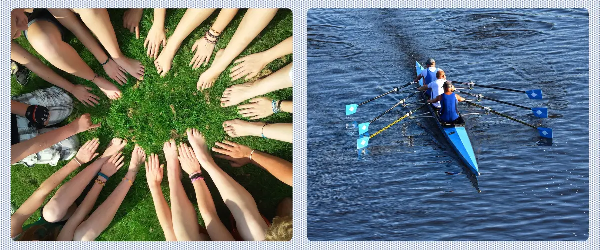 Two photos: aerial view of people's hands and feet in a circle; three people rowing a crew boat in the water.