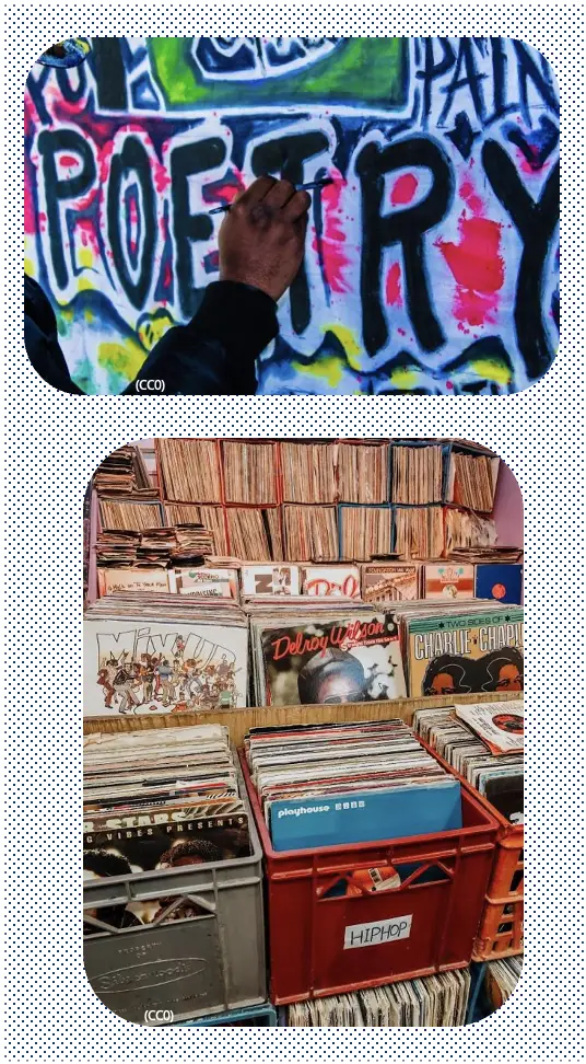 There are two vertically stacked photos. The top photo shows a wall of colorful graffiti and a hand writing over the word "Poetry." The bottom photo shows crates full of records in a record store.