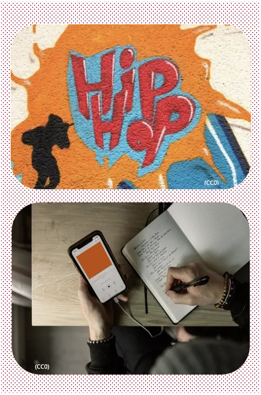 There are two vertically stacked photos. The top photo shows an orange splash of graffiti with the words "Hip Hop." The bottom photo shows an aerial view of a person holding a phone in their left hand and writing in a notebook using their right hand.