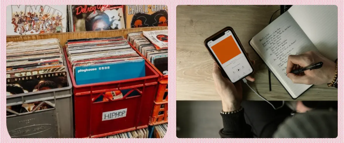 Two photos: crates of vinyl records and an aerial view of a person looking at a digital music device and writing in a notebook.
