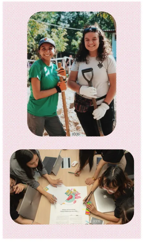 Two photos: A pair of young women stand holding shovels; a group of students lean over a table working on a shared paper