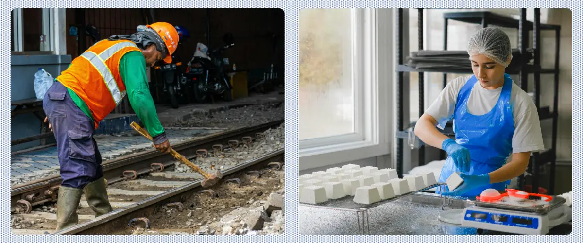 Two photos: A laborer working on a railroad track. A baker working in a kitchen.