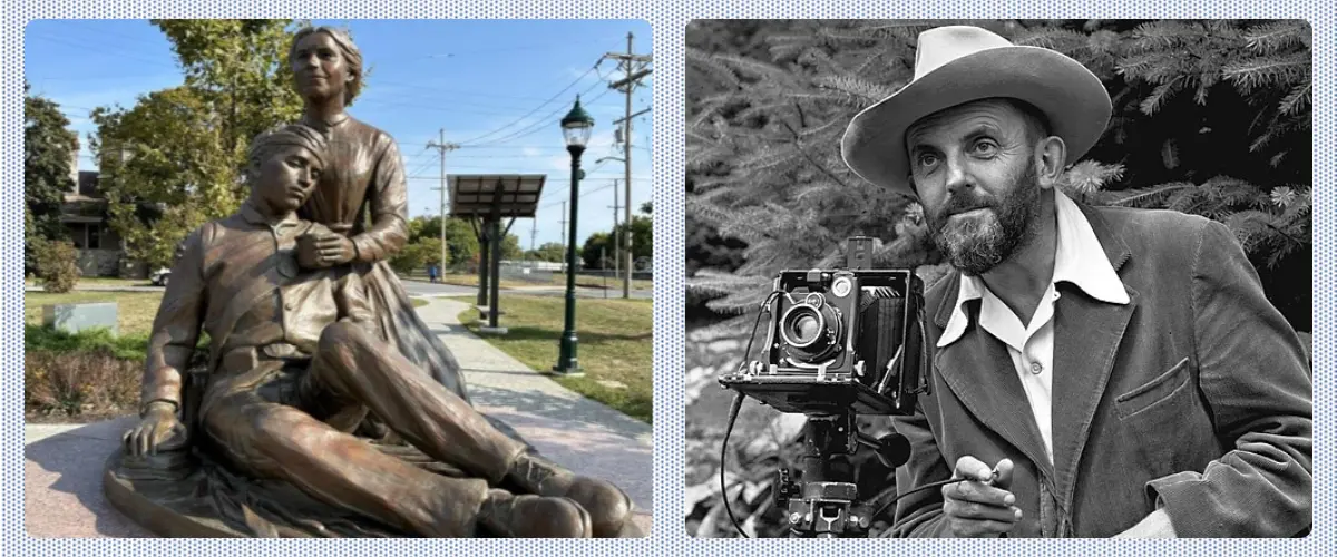 Two photos: A statue of Clara Barton helping a wounded soldier. Ansel Adams posing with his camera.