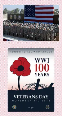 Two photos: A large group of soldiers stand in front of an American flag. A poster commemorating 100 years since the end of World War One