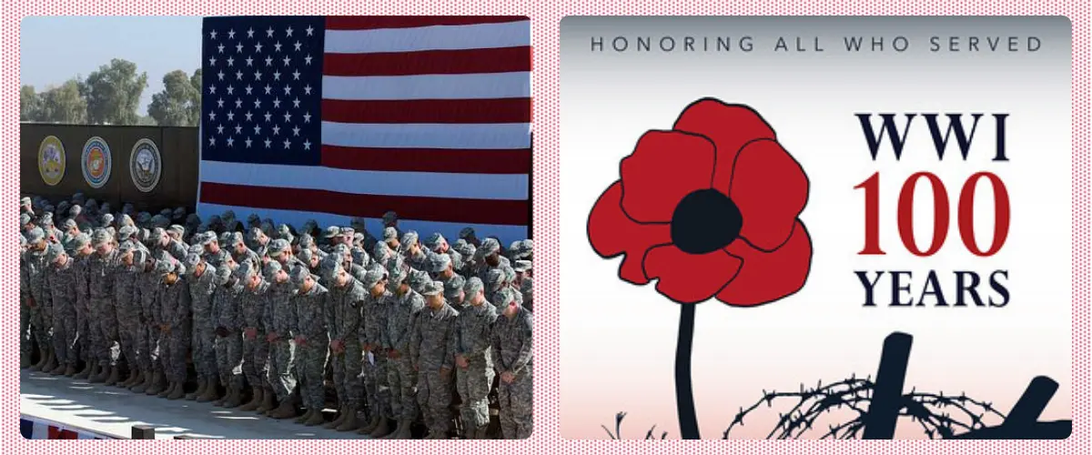 Two photos: lines of U.S. armed forces bowing their heads in front of the U.S. flag. A poster with a poppy saying "Honoring all who served. WWI 100 years."