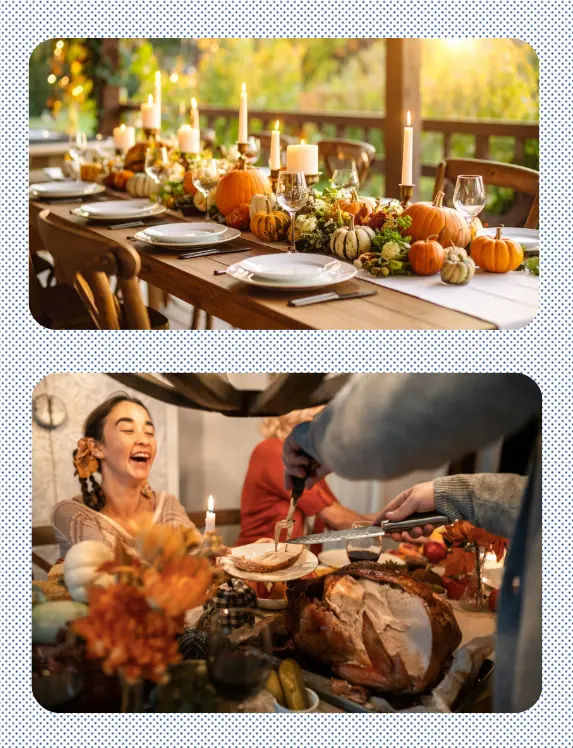 Two photos: A lbeautiful long table set for a dinner; a woman laughs as someone serves turkey on a plate