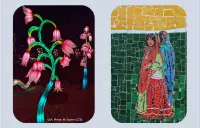 A montage of public art pieces including light installation and mosaic.