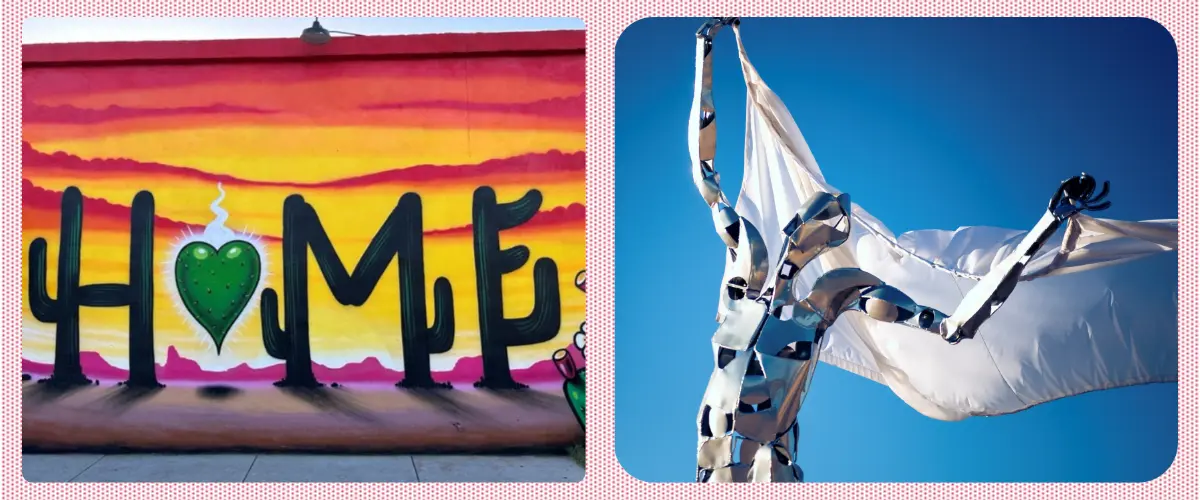 Two public works of art: a mural that says "home" and a metal sculpture of a person with their hands in the air holding a white piece of cloth billowing behind it.