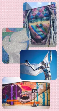 A montage of four photos: 1) Mosaic tile white bird, 2) colorful mural of a woman's face, 3) metal statue of a person holding up arms with a white cloth attached, like a cape billowing in the wind, 4) mural with hand holding dirt with plant sprouting from the dirt.