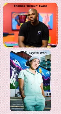 Headshots of Thomas "Detour" Evans and Crystal Worl in front of their art.