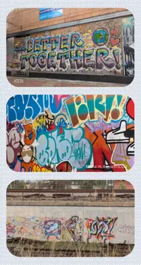A vertical montage shows three walls with graffiti.