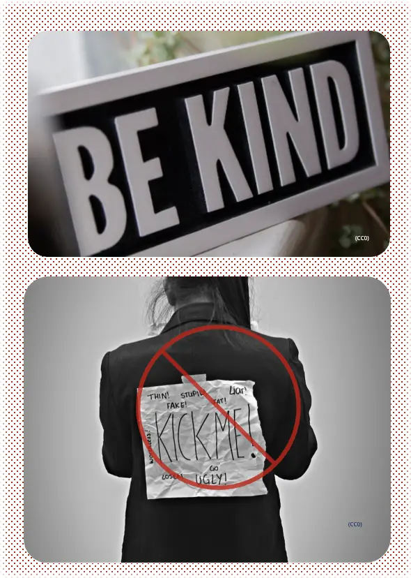 A vertical montage shows two photos. The top photo shows a black-and-white sign that says “be kind.” The bottom shows a black-and-white figure with their back turned, a paper sign taped to the person’s shirt that says “kick me!,” and a red no symbol overlaid over the sign.