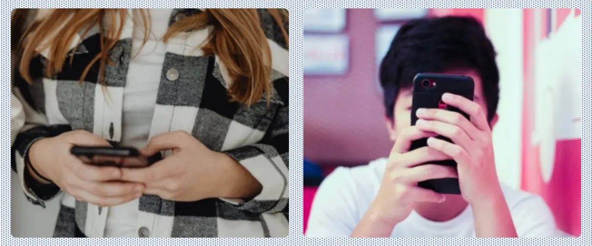 Two photos: a girl holding looking down at a smart phone; a boy with his smart phone in front of his face.